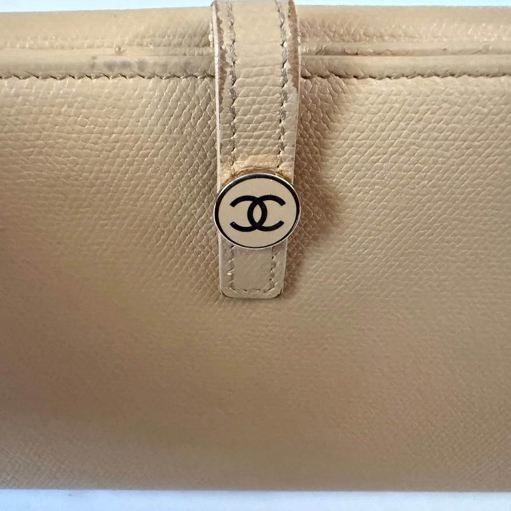 CHANEL Long Wallet Double Sided Snap‎ Button Beige Leather Authentic